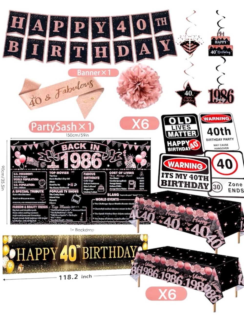 Happy 40th Birthday 1986 Rose Gold Pink Party Decorations Banner Lot Bundle NEW